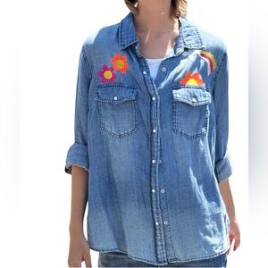 Billy T Peace Love Long Sleeve Embroidered Lyocell Chambray Button Down Shirt XS
